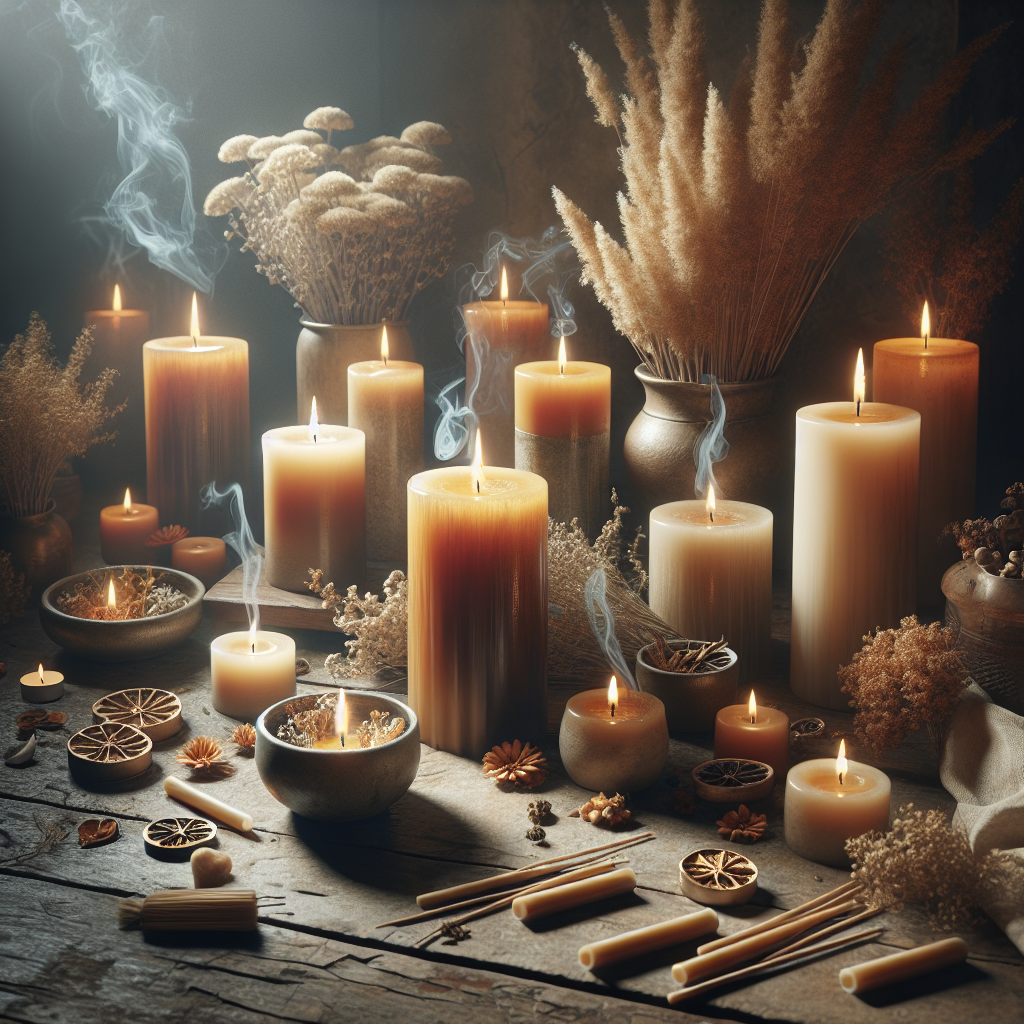 Candles and dried herbs arranged for a spiritual ceremony